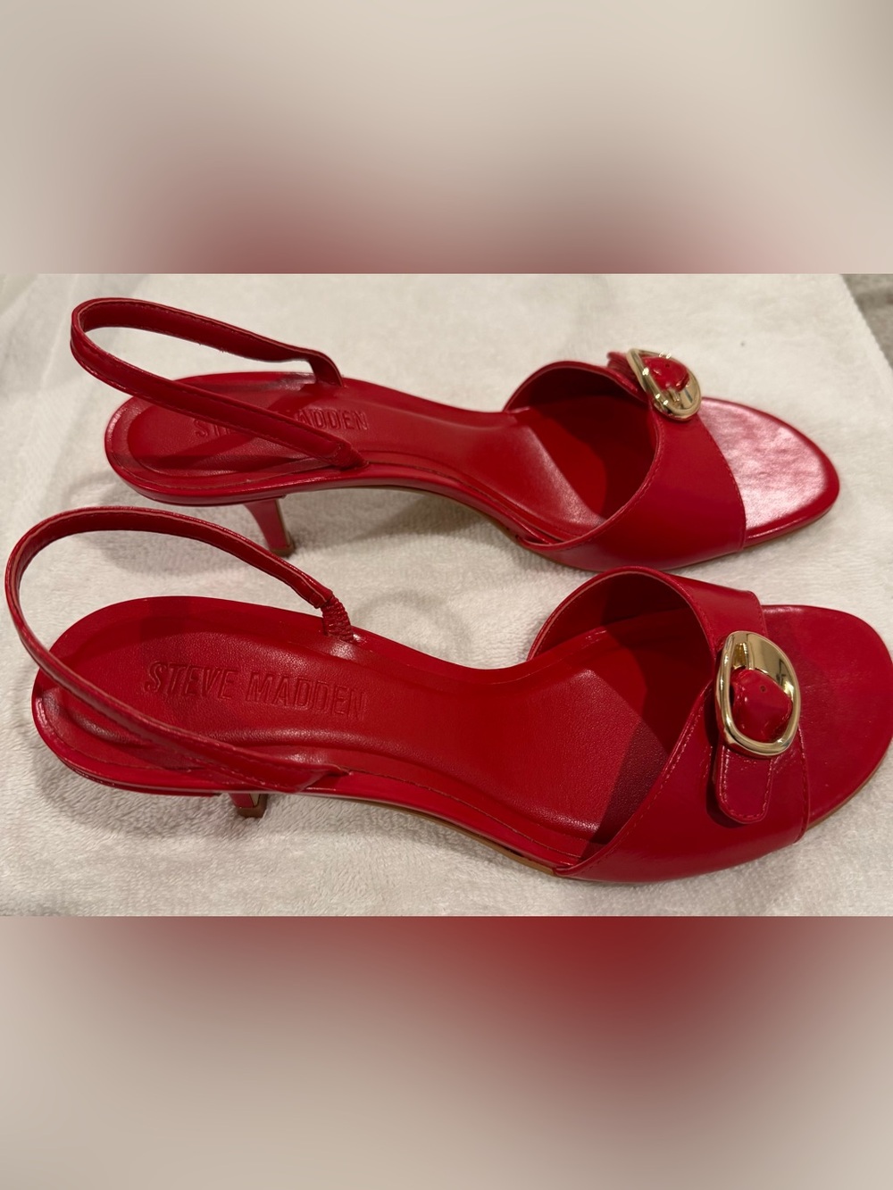 Steve Madden Red Slingback Heeled Sandals with Gold Buckle
